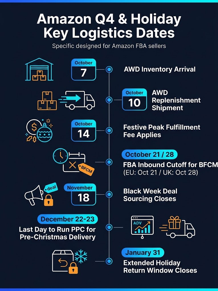 Sept dates Amazon FBA pour le Q4 2026, de l'arrivée AWD du 7 octobre à la clôture du 31 janvier de la fenêtre de retour prolongée pour les fêtes.