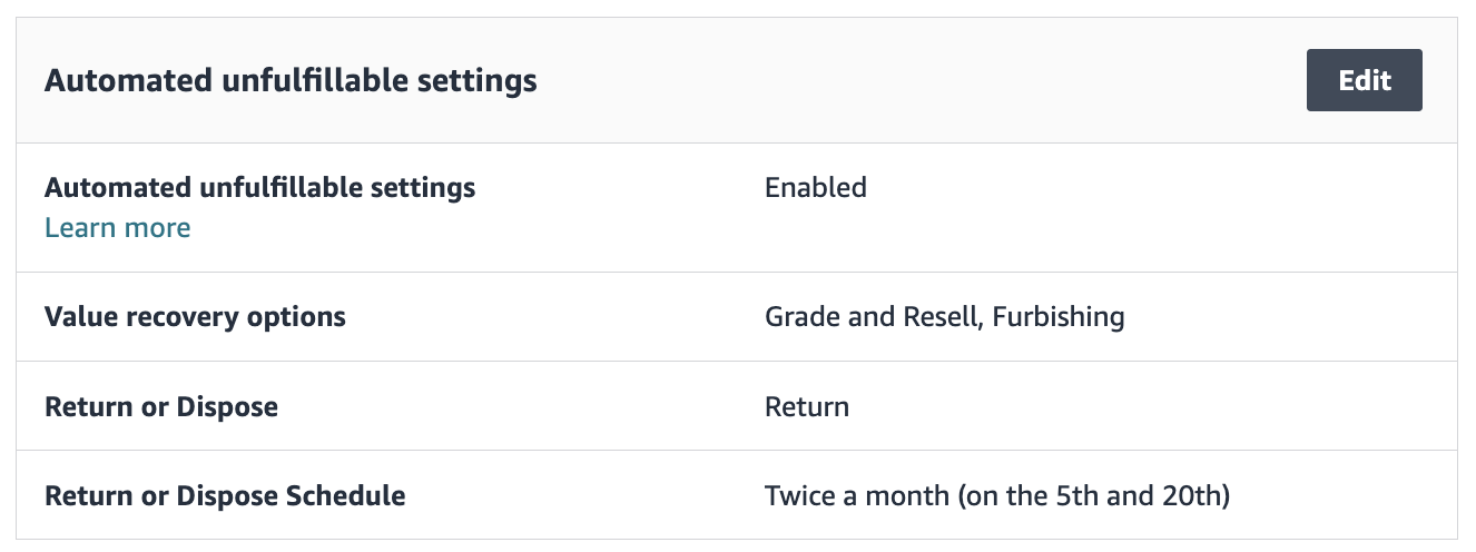 Where to enable Grade & Resell: Settings > FBA > Automated Unfulfillable Settings