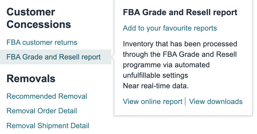 The Grade & Resell report in Seller Central FBA Reports — pull this to see unit-level activity, grades assigned, and fees